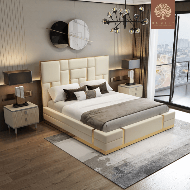 REGALIA-LIT DOUBLE À TÊTE HAUTE AVEC GARNITURE DORÉE- Homely