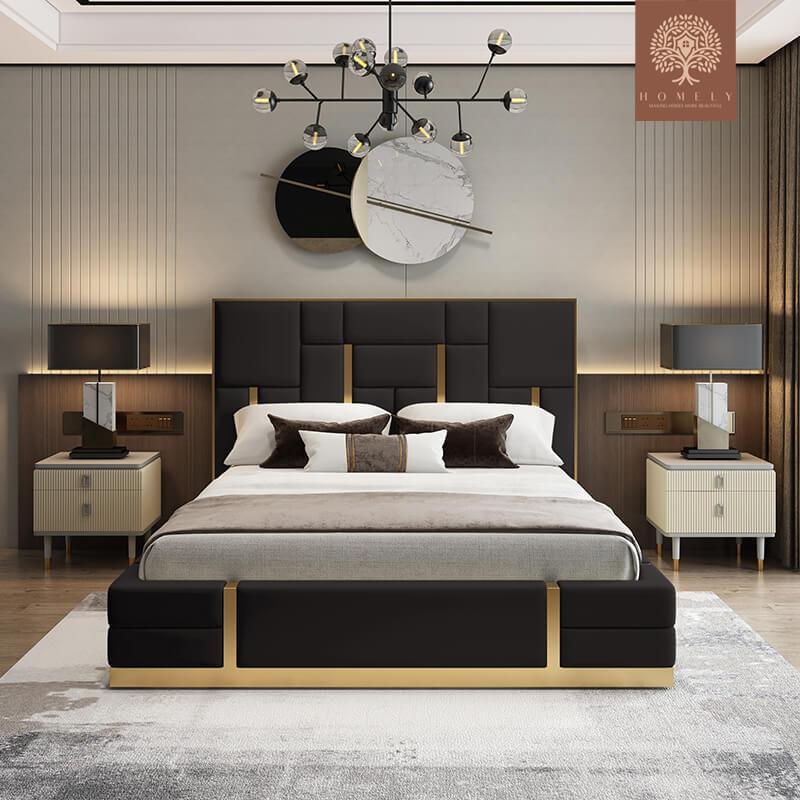 REGALIA-LIT DOUBLE À TÊTE HAUTE AVEC GARNITURE DORÉE- Homely