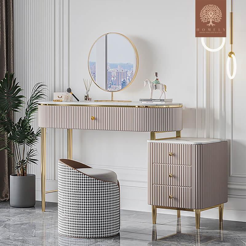 ELLINGER-ENSEMBLE DE COIFFEUSE DE MAQUILLAGE EN MARBRE CHAMPAGNE- Homely