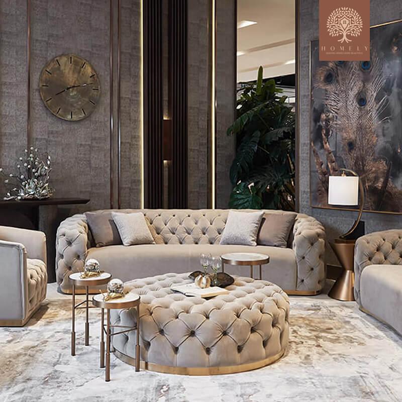 EVERVISTA-ENSEMBLE DE SALON 3 PIÈCES CHESTERFIELD EN VELOURS DE LUXE BEIGE- Homely