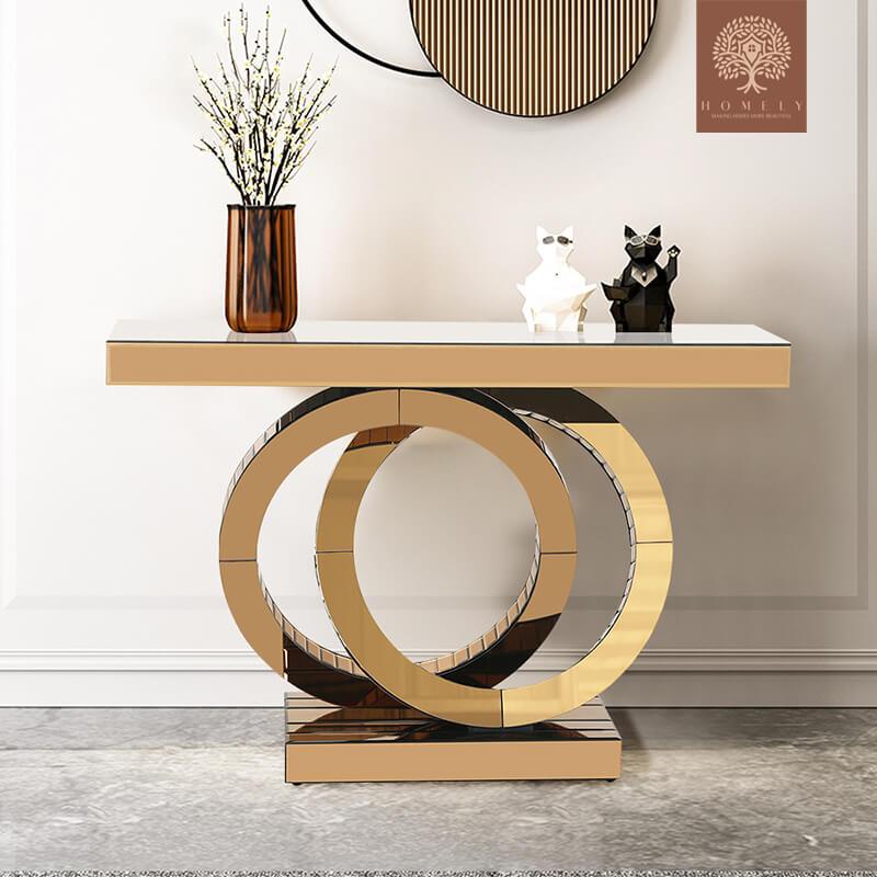 CASTIGLIA-CONSOLE MODERNE DORÉE AVEC BASE À ANNEAUX ENTRELACÉS- Homely