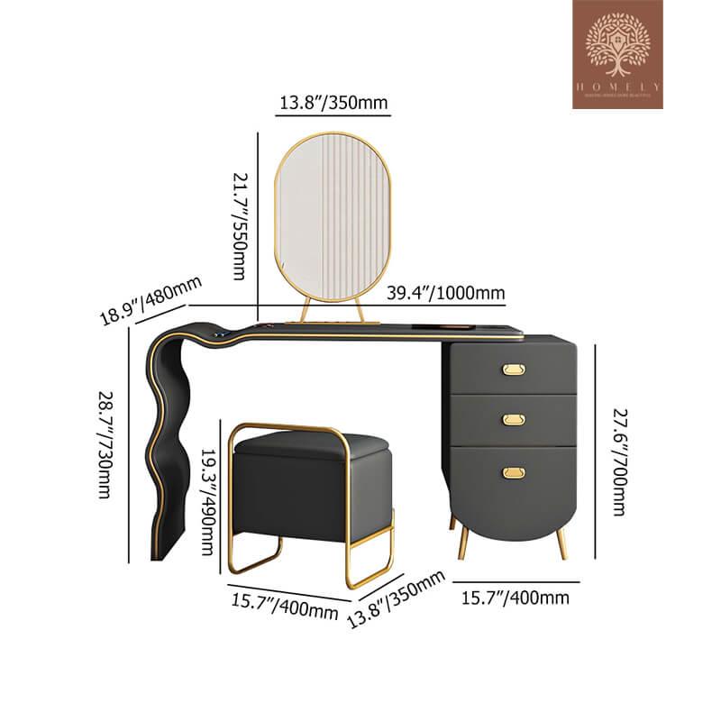 OLYMPIA -ENSEMBLE DE VANITÉ DE MAQUILLAGE EN BOIS ET MÉTAL GRIS FONCÉ- Homely