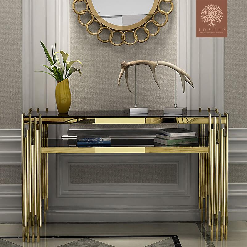 ALFRED -CONSOLE EN FAUX MARBRE NOIR RECTANGULAIRE EN ACIER INOXYDABLE DORÉ- Homely