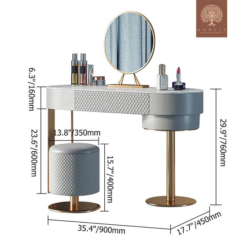 KAREEM-ENSEMBLE DE TOILETTE DE MAQUILLAGE MODERNE GRIS AVEC MIROIR À TIROIR ET TABOURET EN CUIR INCLUS- Homely