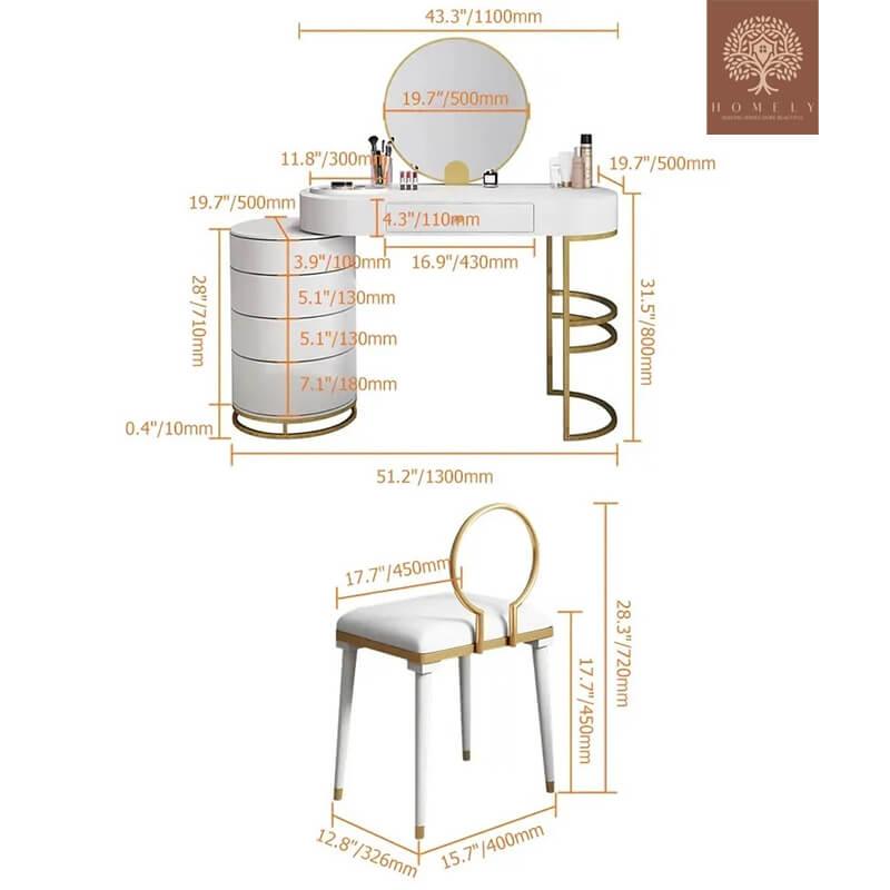 GRAVITY-COIFFEUSE BLANCHE DE MAQUILLAGE AVEC MIROIR ET TABOURET PIVOTANTS INCLUS- Homely