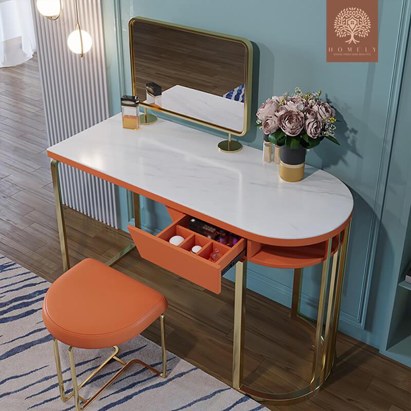 HICKSON-VANITÉ DE MAQUILLAGE MODERNE EN PIERRE AVEC TABOURET ET MIROIR EN ORANGE- Homely