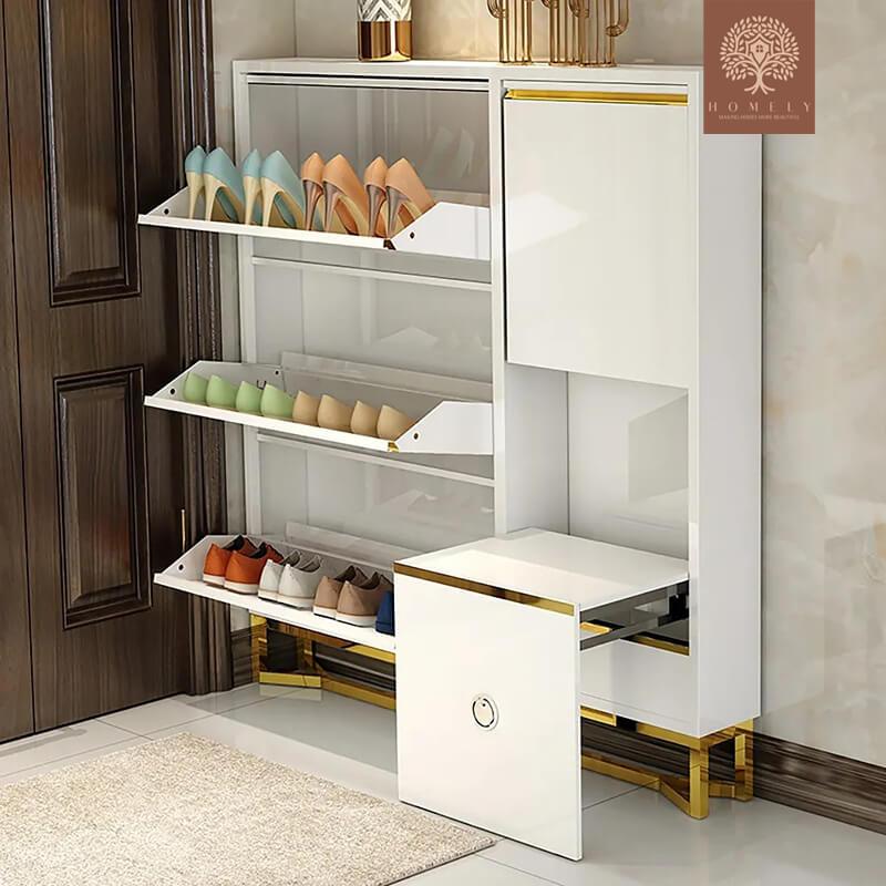 SOLA -MEUBLE DE RANGEMENT À CHAUSSURES BLANC ÉTROIT AVEC BANC, 14 PAIRES, 5,9 PO D, AUTOPORTANTE- Homely