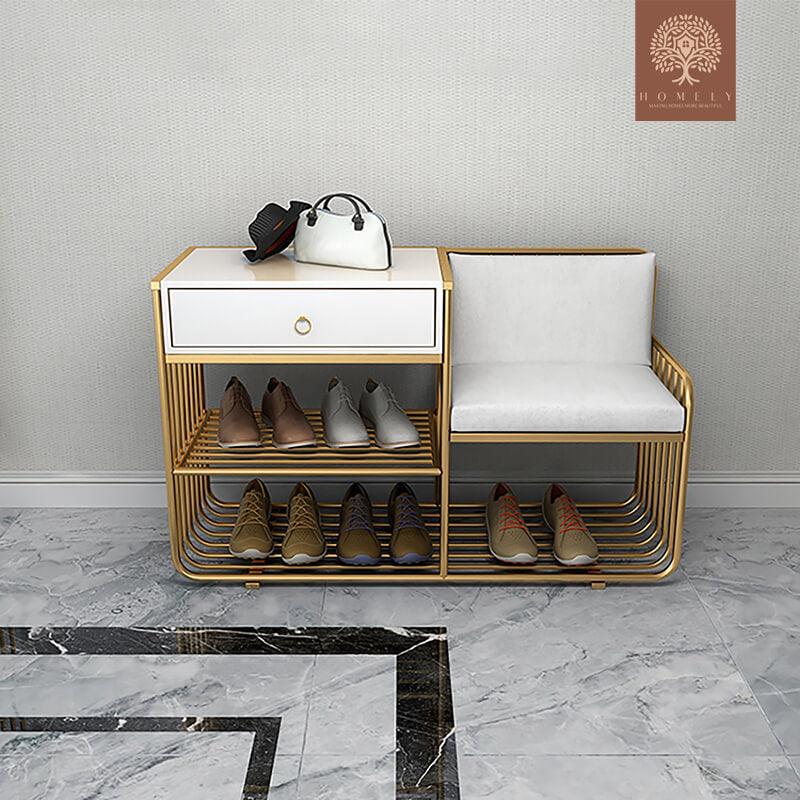 LENOIR-BANC DE RANGEMENT MODERNE REMBOURRÉ BLANC AVEC TIROIR ET ÉTAGÈRE- Homely