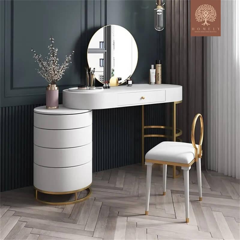 GRAVITY-COIFFEUSE BLANCHE DE MAQUILLAGE AVEC MIROIR ET TABOURET PIVOTANTS INCLUS- Homely