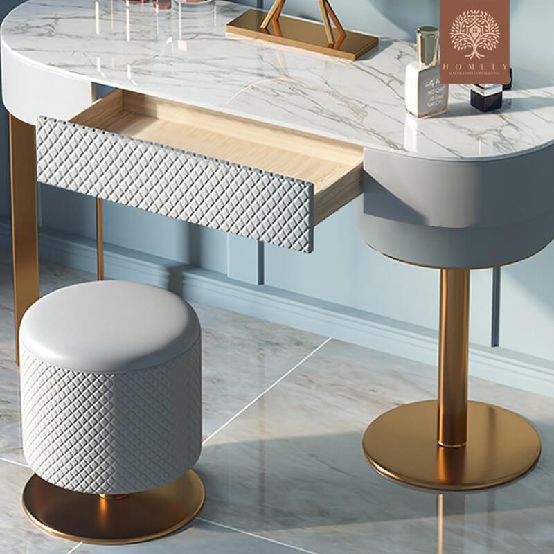 KAREEM-ENSEMBLE DE TOILETTE DE MAQUILLAGE MODERNE GRIS AVEC MIROIR À TIROIR ET TABOURET EN CUIR INCLUS- Homely