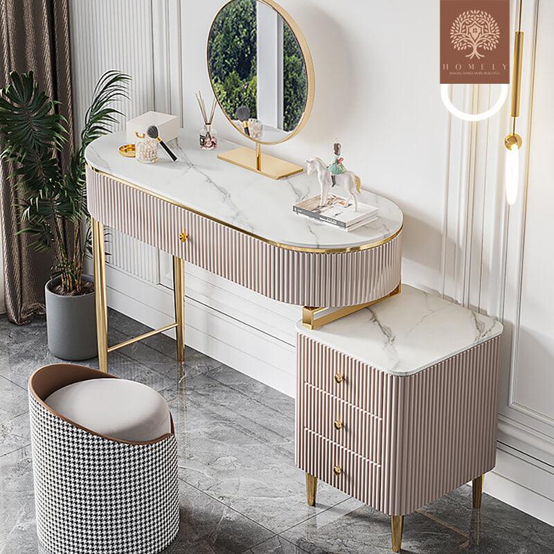 ELLINGER-ENSEMBLE DE COIFFEUSE DE MAQUILLAGE EN MARBRE CHAMPAGNE- Homely