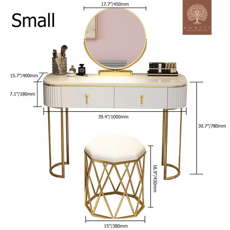 LAUX-VANITÉ DE MAQUILLAGE OVALE BLANC NORDIQUE BRILLANT AVEC 2 TIROIRS, MIROIR ROTATIF ET TABOURET- Homely