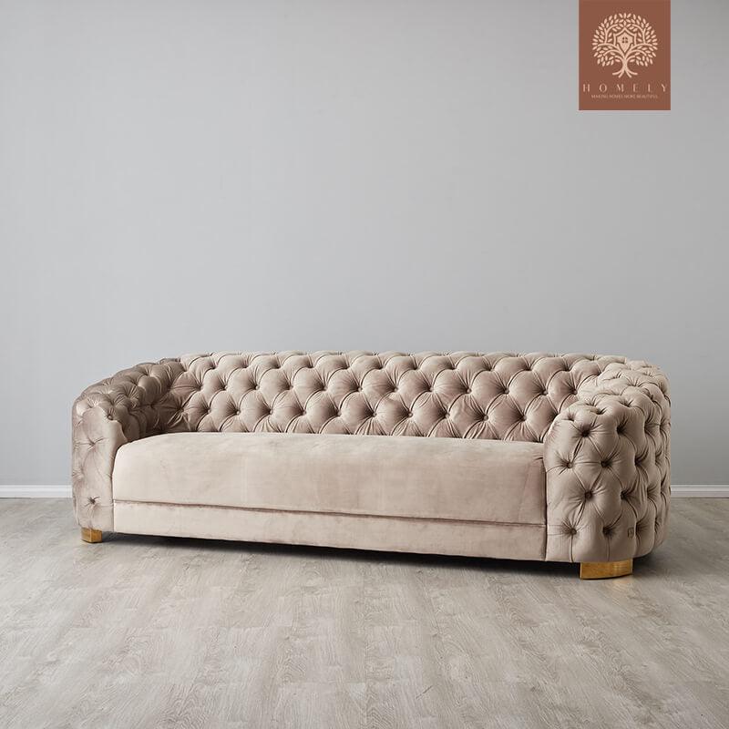 EVERVISTA-ENSEMBLE DE SALON 3 PIÈCES CHESTERFIELD EN VELOURS DE LUXE BEIGE- Homely