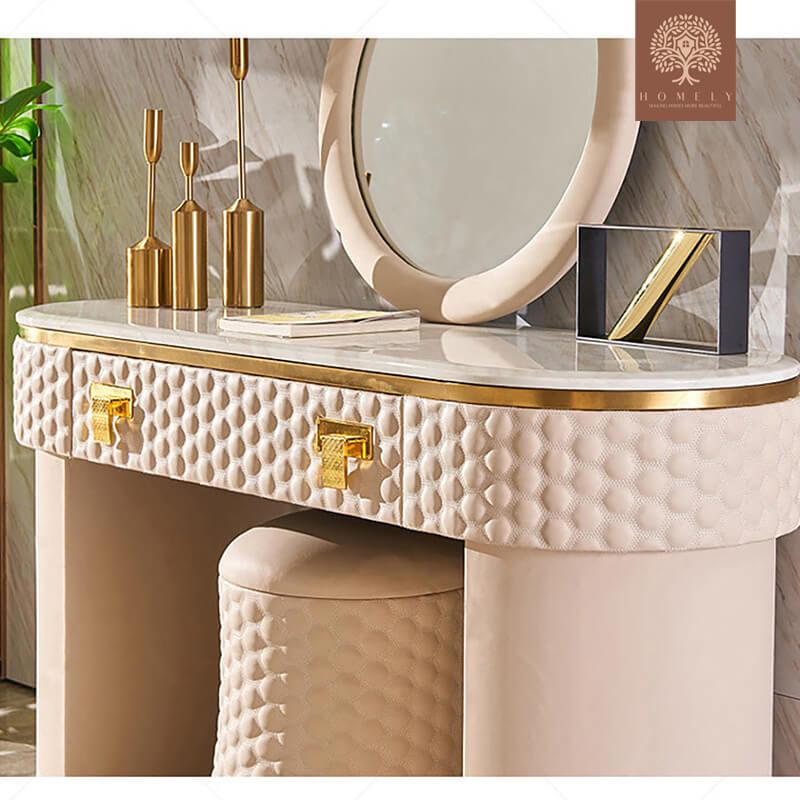 HELMICK -TABOURET DE COIFFEUSE À 1 TIROIR ROSE CONTEMPORAIN AVEC FINITION DORÉE- Homely