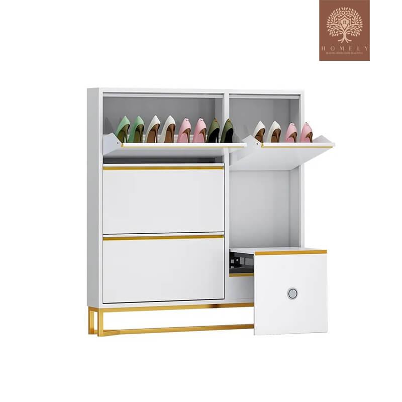 SOLA -MEUBLE DE RANGEMENT À CHAUSSURES BLANC ÉTROIT AVEC BANC, 14 PAIRES, 5,9 PO D, AUTOPORTANTE- Homely