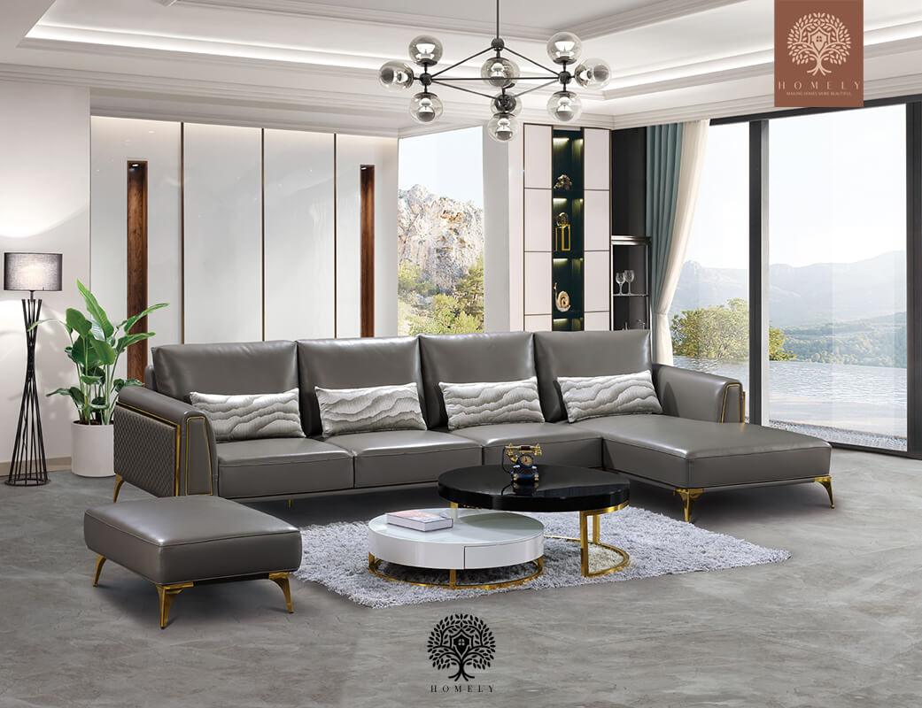 DRUSILLA ENSEMBLE DE SALON MODERNE 3 PIÈCES AVEC CHAISE LONGUE DROITE ET POUF - Homely