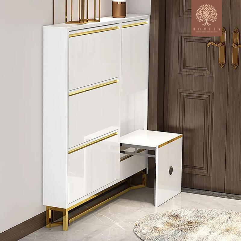 SOLA -MEUBLE DE RANGEMENT À CHAUSSURES BLANC ÉTROIT AVEC BANC, 14 PAIRES, 5,9 PO D, AUTOPORTANTE- Homely