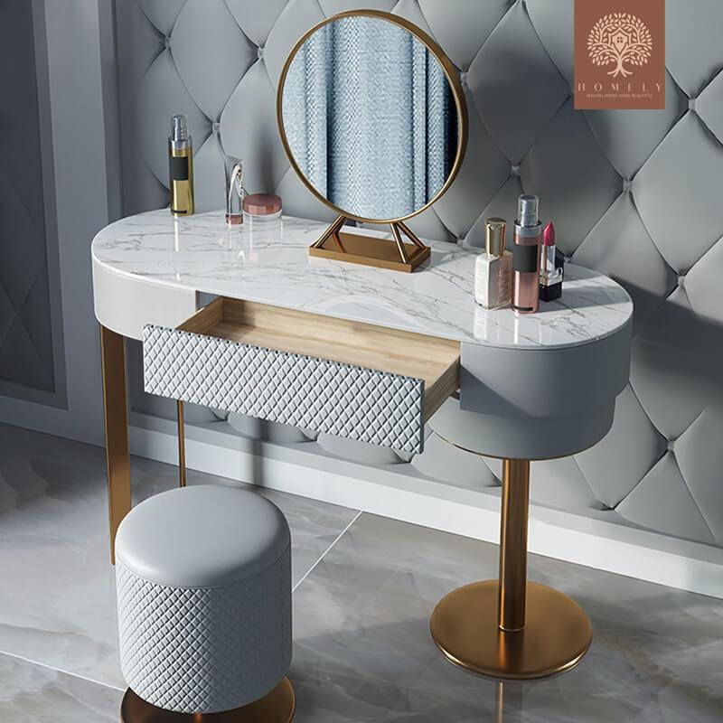 KAREEM-ENSEMBLE DE TOILETTE DE MAQUILLAGE MODERNE GRIS AVEC MIROIR À TIROIR ET TABOURET EN CUIR INCLUS- Homely