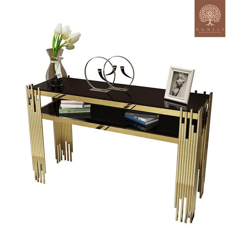 ALFRED -CONSOLE EN FAUX MARBRE NOIR RECTANGULAIRE EN ACIER INOXYDABLE DORÉ- Homely