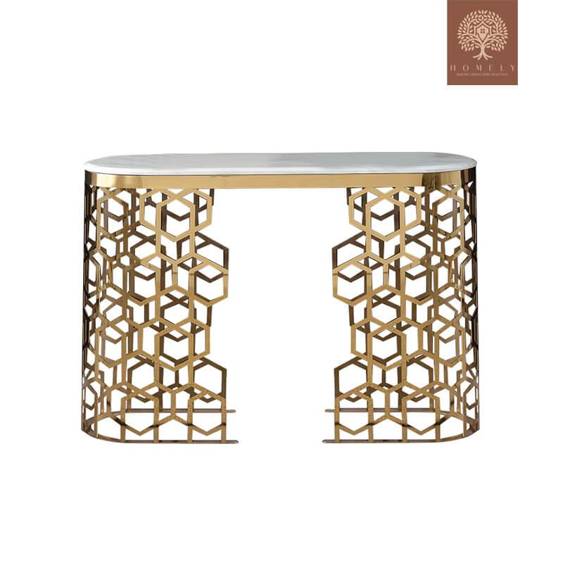 MAURICE-CONSOLE OVALE BLANCHE EN MARBRE AVEC DEUX PIÉDESTAUX- Homely