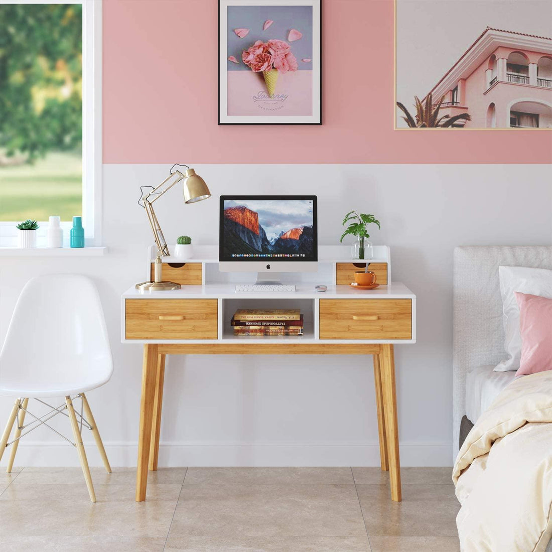 Bureau HELGA 4 Tiroirs avec étagères de Bureau et PC Table - Homely