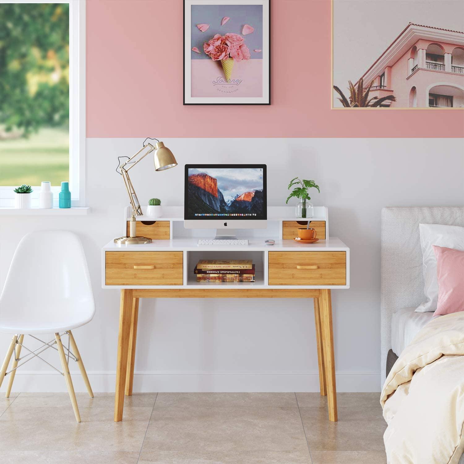 Bureau HELGA 4 Tiroirs avec étagères de Bureau et PC Table - Homely