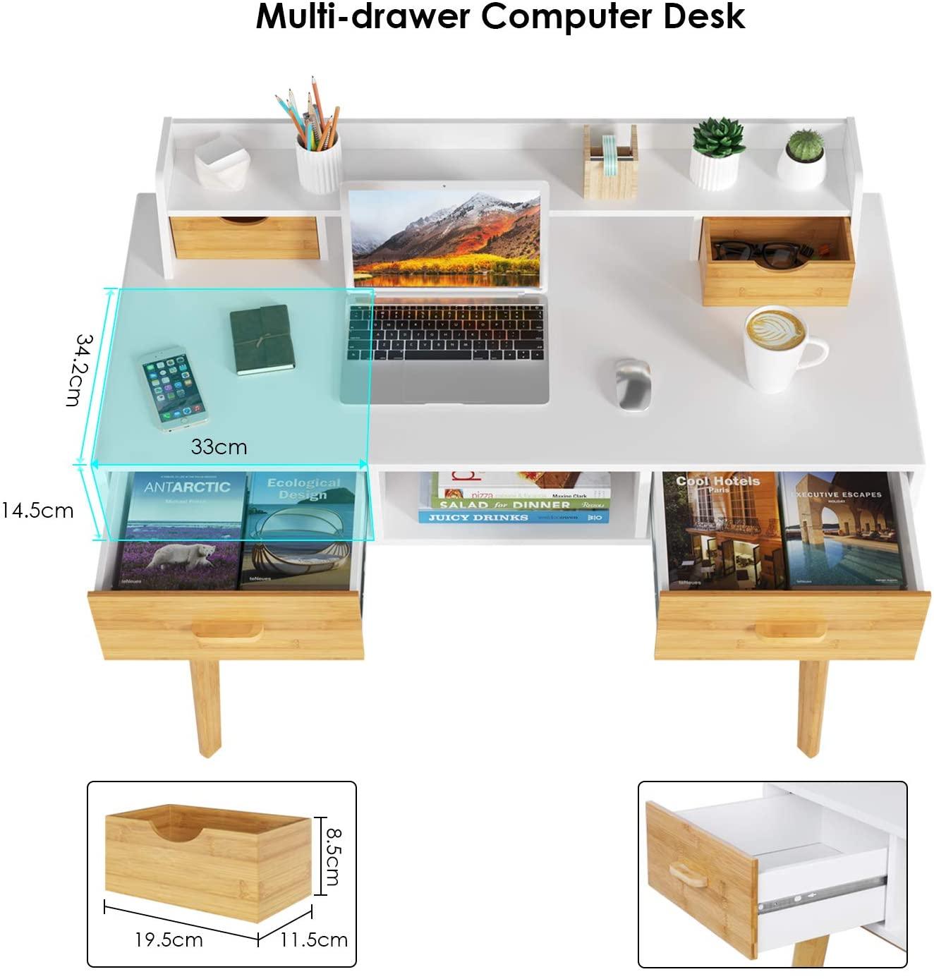 Bureau HELGA 4 Tiroirs avec étagères de Bureau et PC Table - Homely