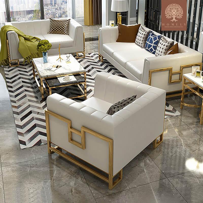 LOGAN ENSEMBLE DE 3 CANAPÉS DE SALON EN CUIR MICROFIBRE BLANC AVEC CADRE GÉOMÉTRIQUE - Homely