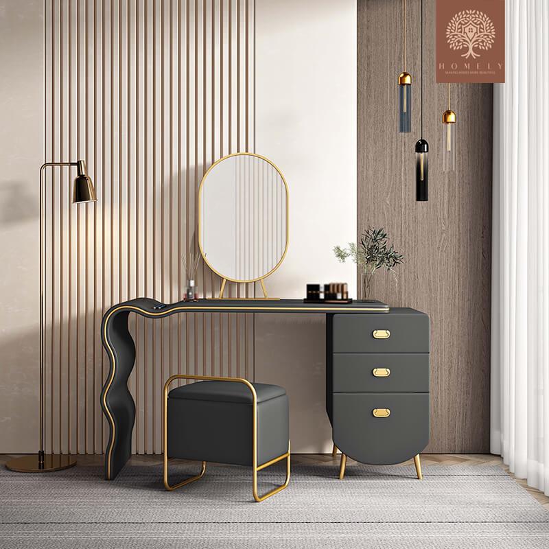 OLYMPIA -ENSEMBLE DE VANITÉ DE MAQUILLAGE EN BOIS ET MÉTAL GRIS FONCÉ- Homely