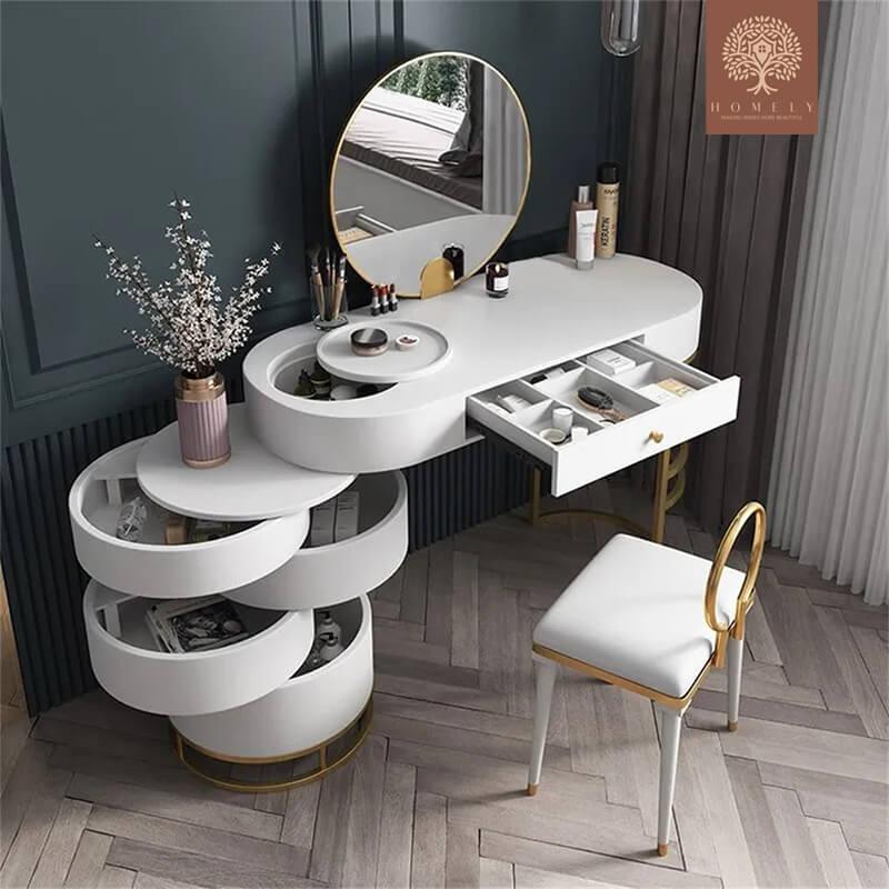 GRAVITY-COIFFEUSE BLANCHE DE MAQUILLAGE AVEC MIROIR ET TABOURET PIVOTANTS INCLUS- Homely