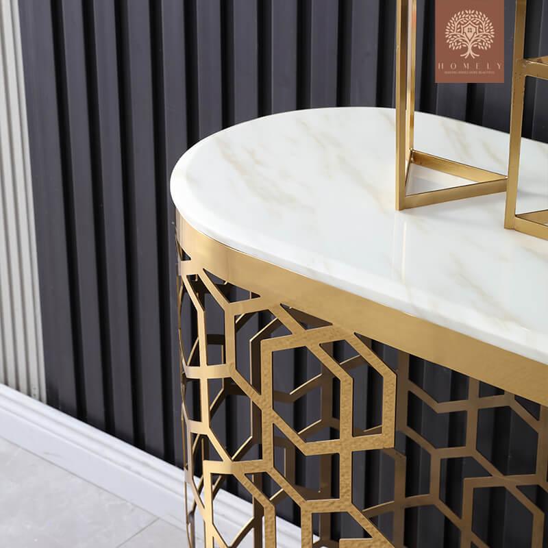 MAURICE-CONSOLE OVALE BLANCHE EN MARBRE AVEC DEUX PIÉDESTAUX- Homely