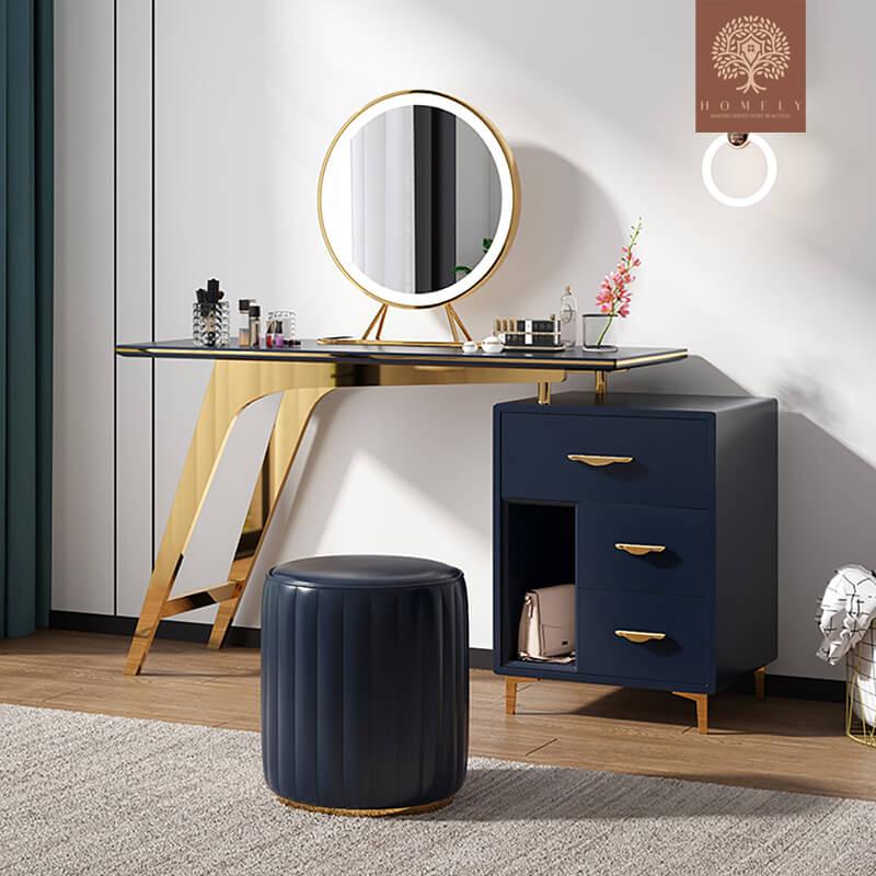 LAURIA-ENSEMBLE DE COIFFEUSE RÉTRACTABLE DE MAQUILLAGE BLEU NORDIQUE, TABOURET ET MIROIR INCLUS- Homely