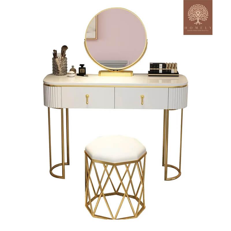 LAUX-VANITÉ DE MAQUILLAGE OVALE BLANC NORDIQUE BRILLANT AVEC 2 TIROIRS, MIROIR ROTATIF ET TABOURET- Homely