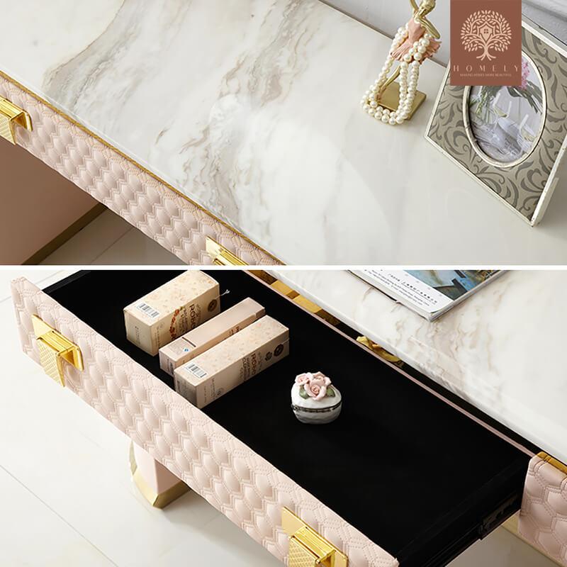 HELMICK -TABOURET DE COIFFEUSE À 1 TIROIR ROSE CONTEMPORAIN AVEC FINITION DORÉE- Homely