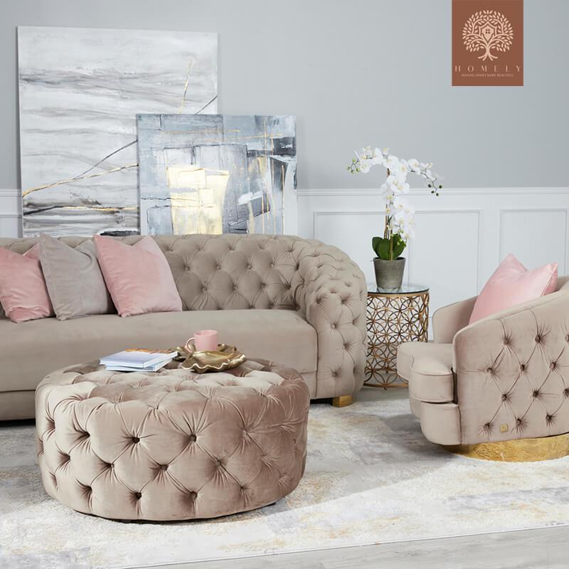 EVERVISTA-ENSEMBLE DE SALON 3 PIÈCES CHESTERFIELD EN VELOURS DE LUXE BEIGE- Homely