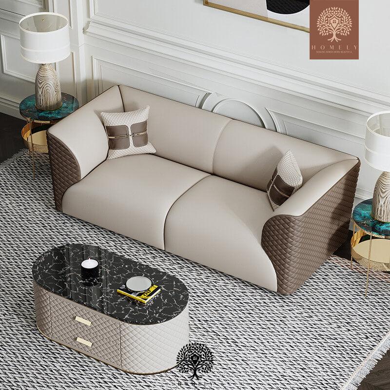 Bentley-Ensemble de salon rembourré en cuir microfibre marron et beige - Homely