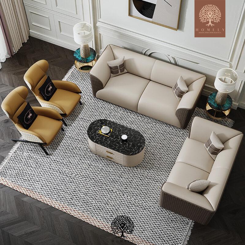 Bentley-Ensemble de salon rembourré en cuir microfibre marron et beige - Homely