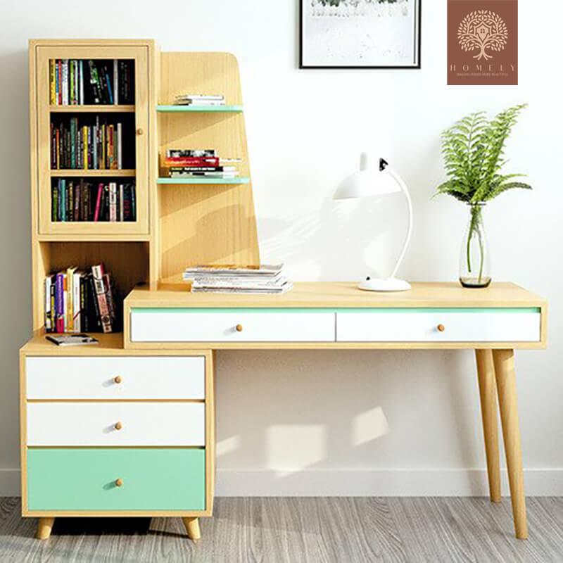 YURUPA | BUREAU MULTI RANGEMENTS AVEC ÉTAGÈRE ET 5 TIROIRS | GRAND PLATEAU - Homely