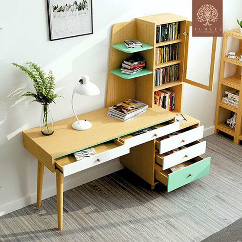 YURUPA | BUREAU MULTI RANGEMENTS AVEC ÉTAGÈRE ET 5 TIROIRS | GRAND PLATEAU - Homely