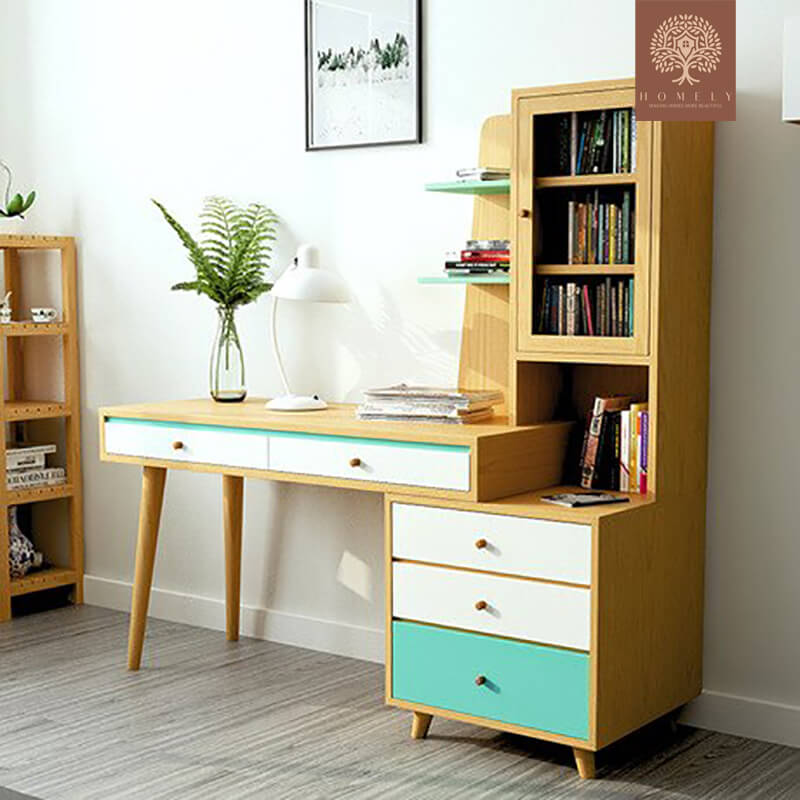 YURUPA | BUREAU MULTI RANGEMENTS AVEC ÉTAGÈRE ET 5 TIROIRS | GRAND PLATEAU - Homely