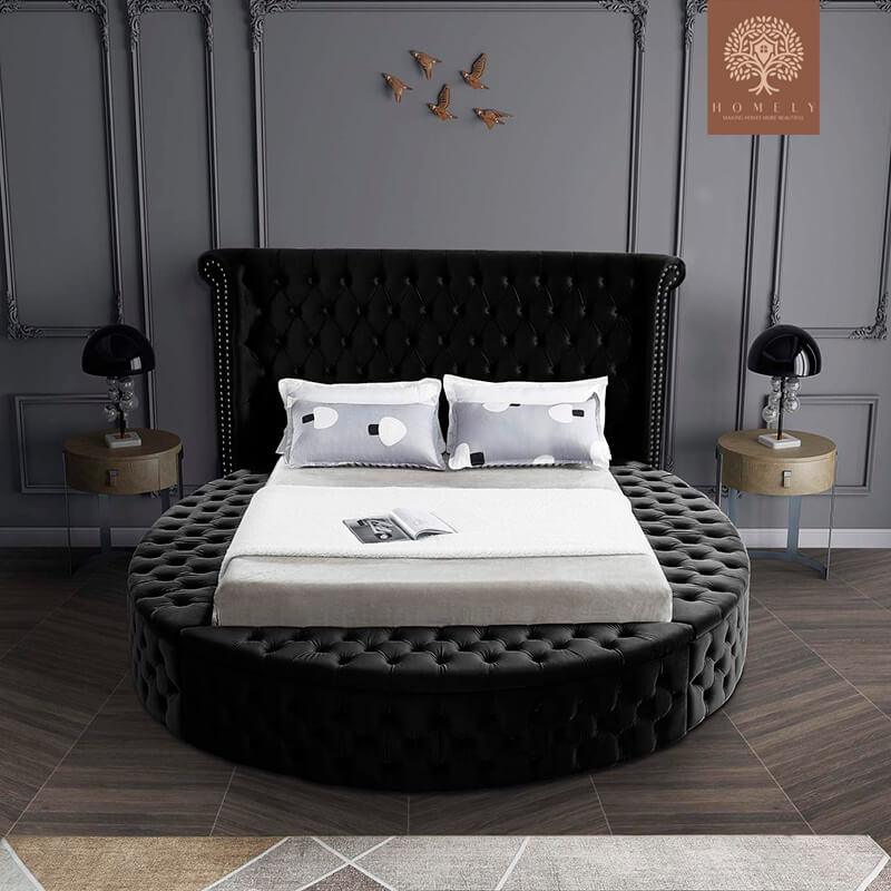 LORENZO-LIT ROND EN VELOURS DESIGN ITALIEN MODERNE AVEC RANGEMENT- Homely