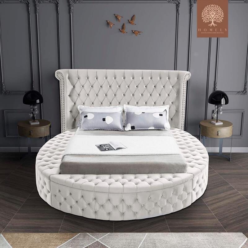 LORENZO-LIT ROND EN VELOURS DESIGN ITALIEN MODERNE AVEC RANGEMENT- Homely