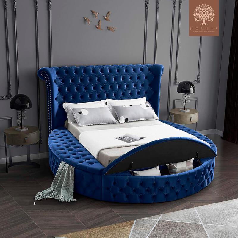 LORENZO-LIT ROND EN VELOURS DESIGN ITALIEN MODERNE AVEC RANGEMENT- Homely