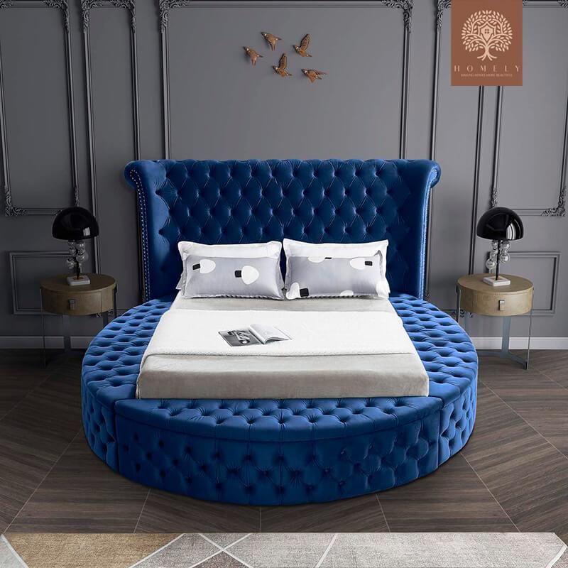 LORENZO-LIT ROND EN VELOURS DESIGN ITALIEN MODERNE AVEC RANGEMENT- Homely