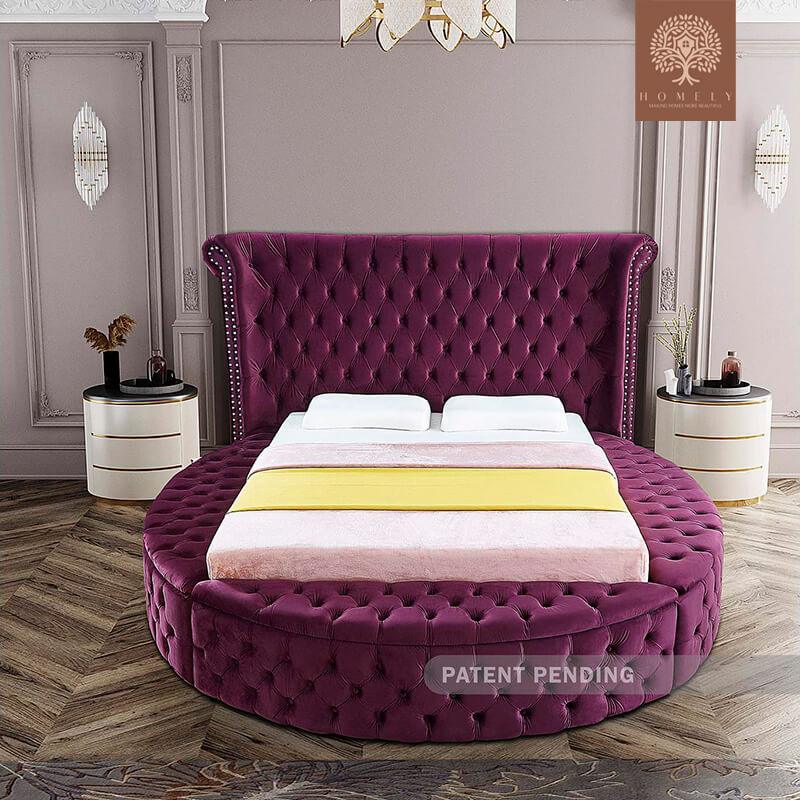 LORENZO-LIT ROND EN VELOURS DESIGN ITALIEN MODERNE AVEC RANGEMENT- Homely