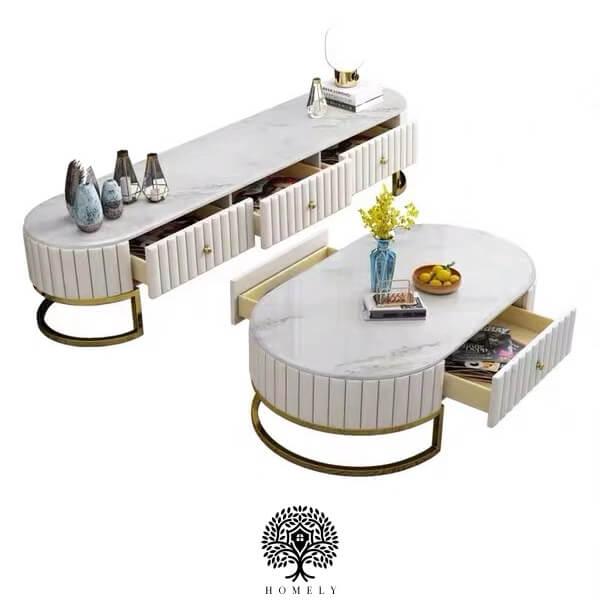 IMANI-ENSEMBLE DE MEUBLE TV LUXE ET TABLE BASSE AVEC 4 TIROIRS- Homely