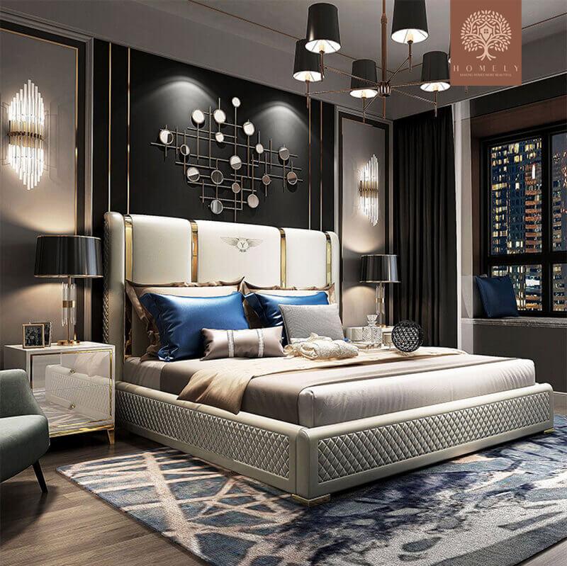 LIT BENTLEY-LIT MODERNE EN CUIR MICROFIBRE BEIGE- Homely