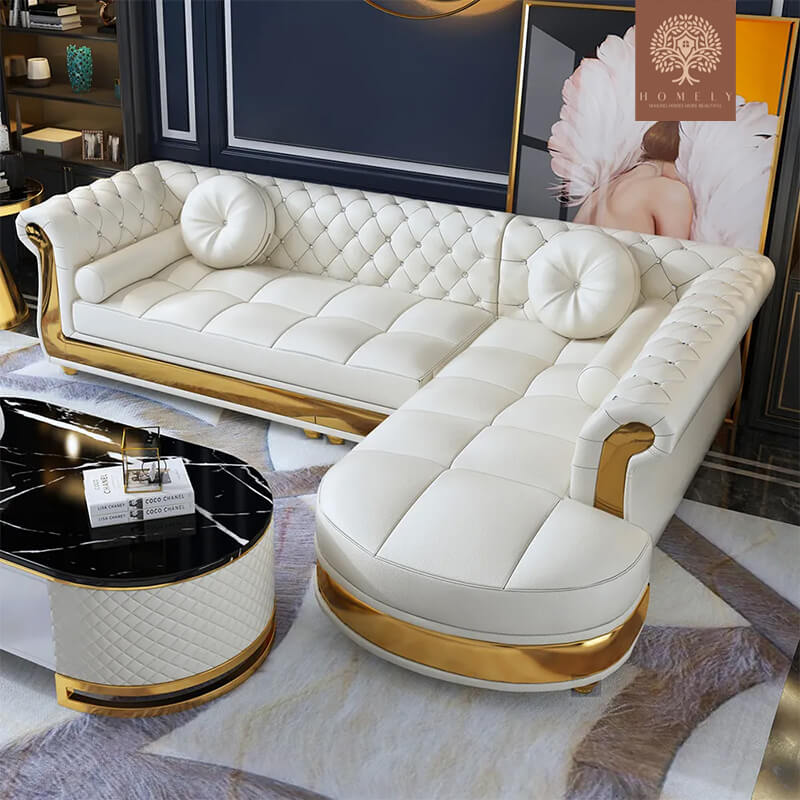 VIRGILIO-ENSEMBLE DE SALON DE LUXE AVEC CHAISE LONGUE DROITE- Homely