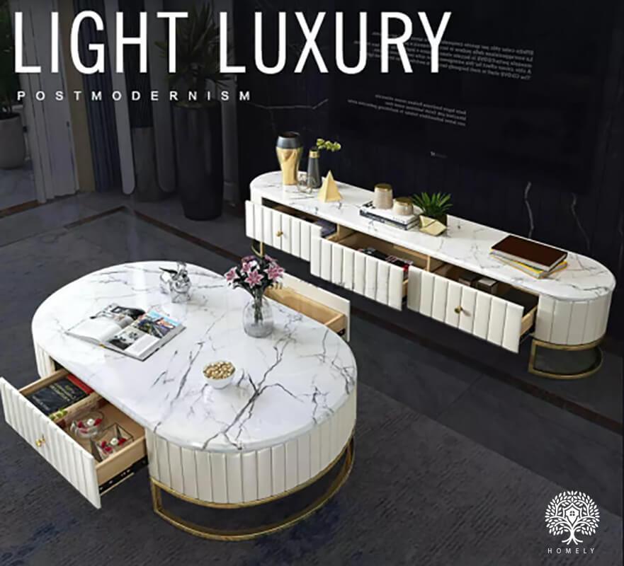 IMANI-ENSEMBLE DE MEUBLE TV LUXE ET TABLE BASSE AVEC 4 TIROIRS- Homely