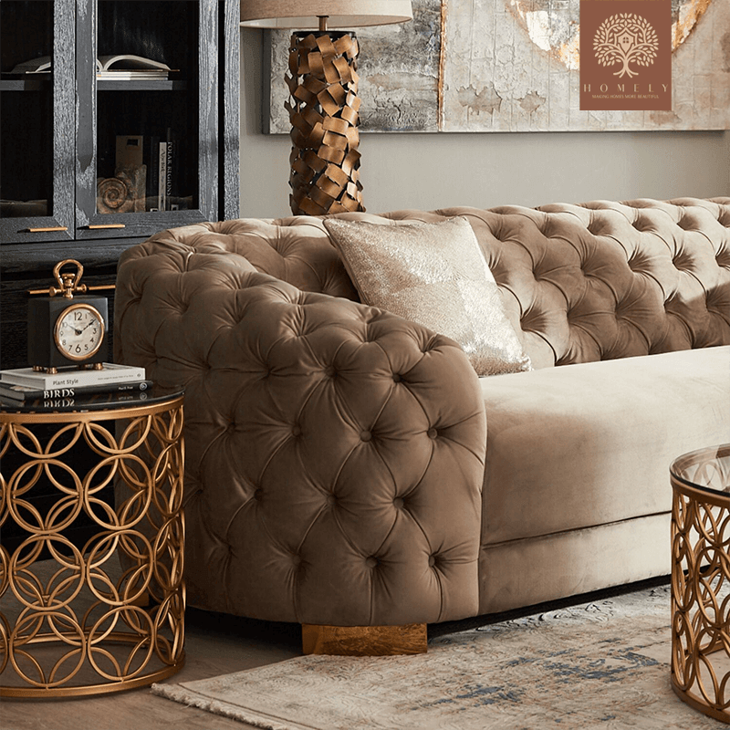 EVERVISTA-ENSEMBLE DE SALON 3 PIÈCES CHESTERFIELD EN VELOURS DE LUXE BEIGE- Homely